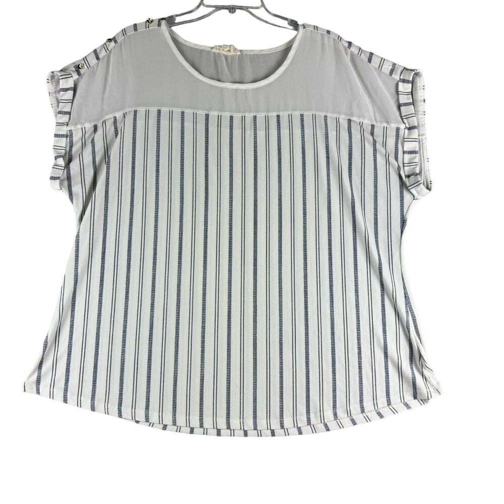 Flower & Feather Top Womens 3X White Striped Short Sleeve Lightweight Plus Size